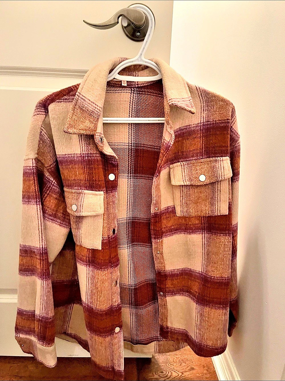 Women's Plaid Shirt Jacket in Brown & Purple Like New